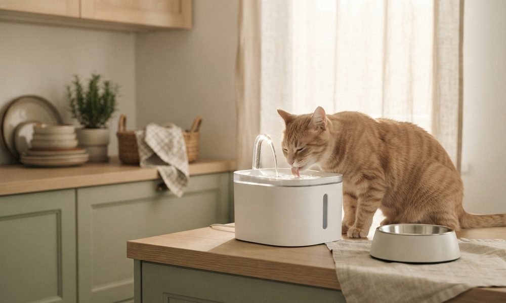 Gato bebiendo de una fuente de agua en una cocina luminosa