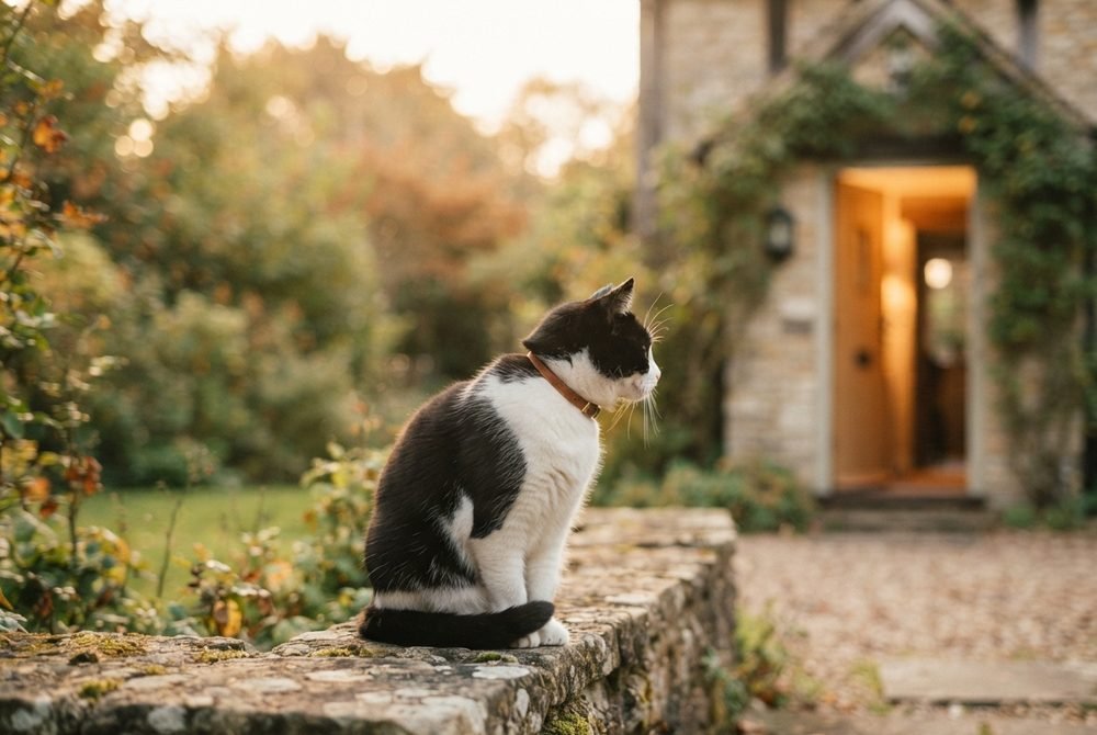 Gato explorando el jardín al atardecer