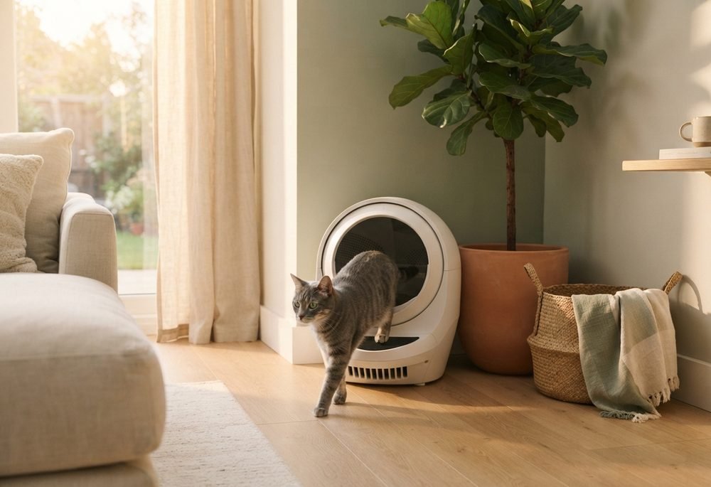 Gato saliendo de un arenero automático en un salón luminoso